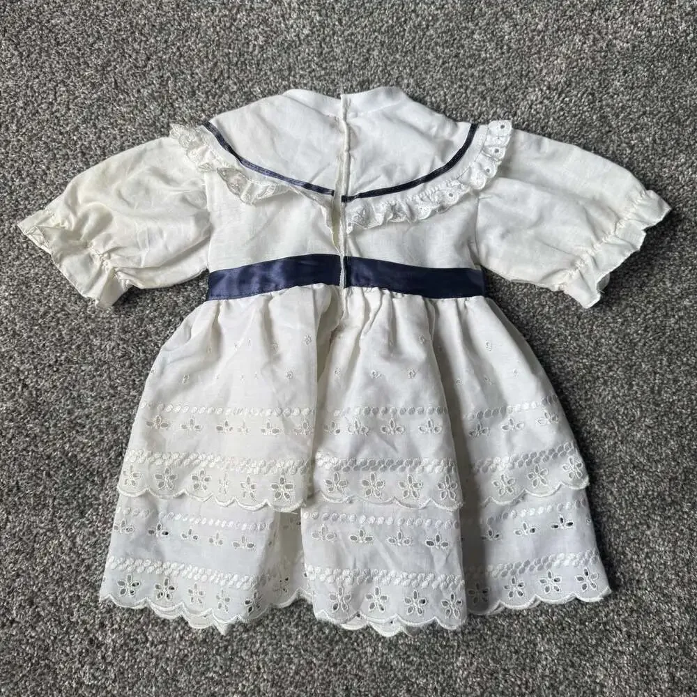 Vintage White Eyelet Lace Party Dress Navy Ribbon Baby Girls 6-9M